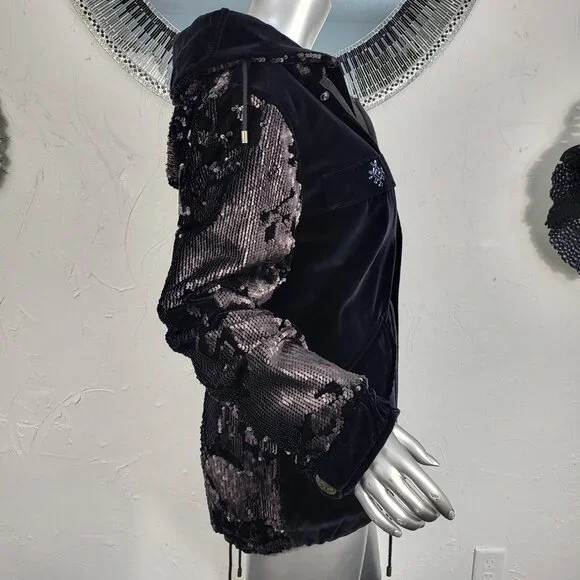 NWT~$2590~MR & MRS ITALY~S/M~BLACK VELVET SEQUIN HOODED PARKA COAT NO FUR